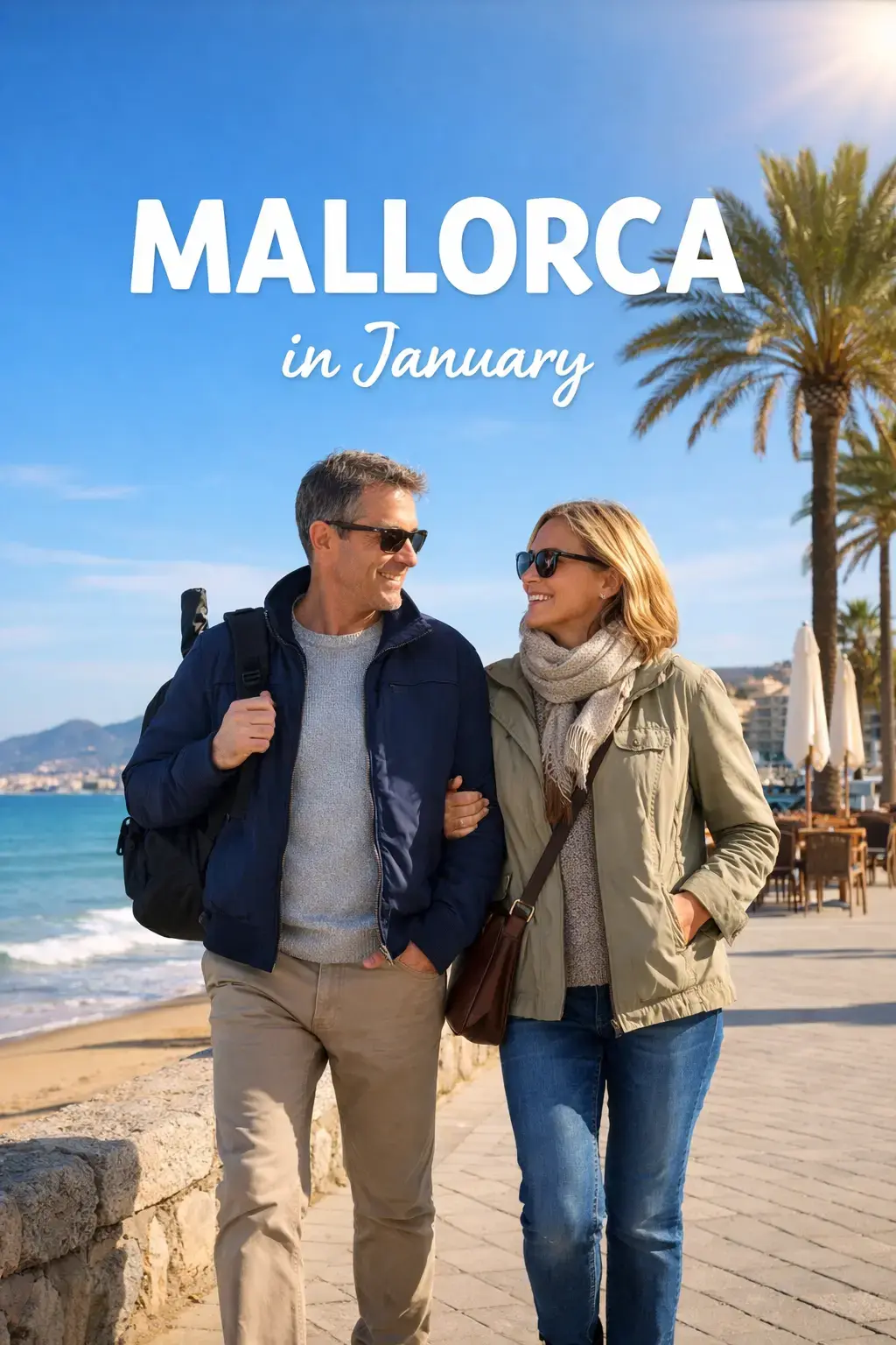 Calvia weather in Mallorca in January. Mid aged in Mallorca couple dressed for January.