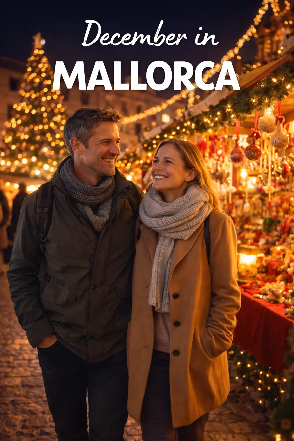 Calvia weather in Mallorca in December. Couple dressed for December in Mallorca.