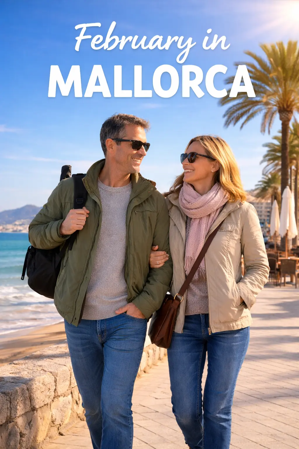 Calvia weather in Mallorca in February. Mid aged in Mallorca couple dressed for February.