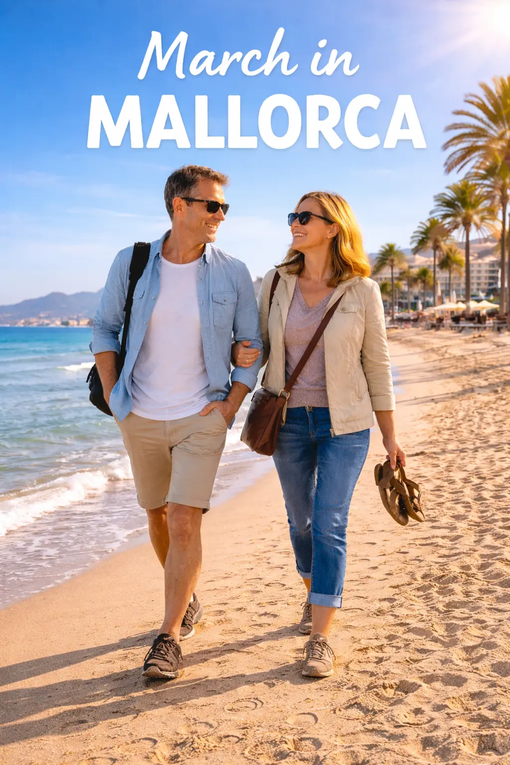 Calvia weather in Mallorca in March. Couple dressed for March in Mallorca.