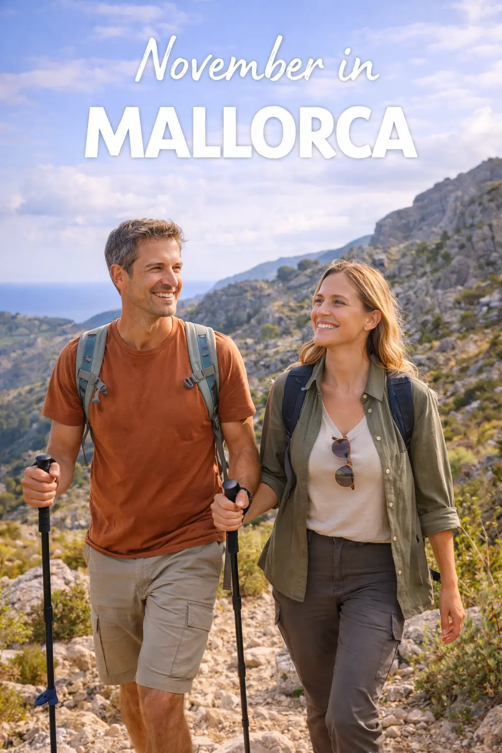 Calvia weather in Mallorca in November. Couple dressed for November in Mallorca.