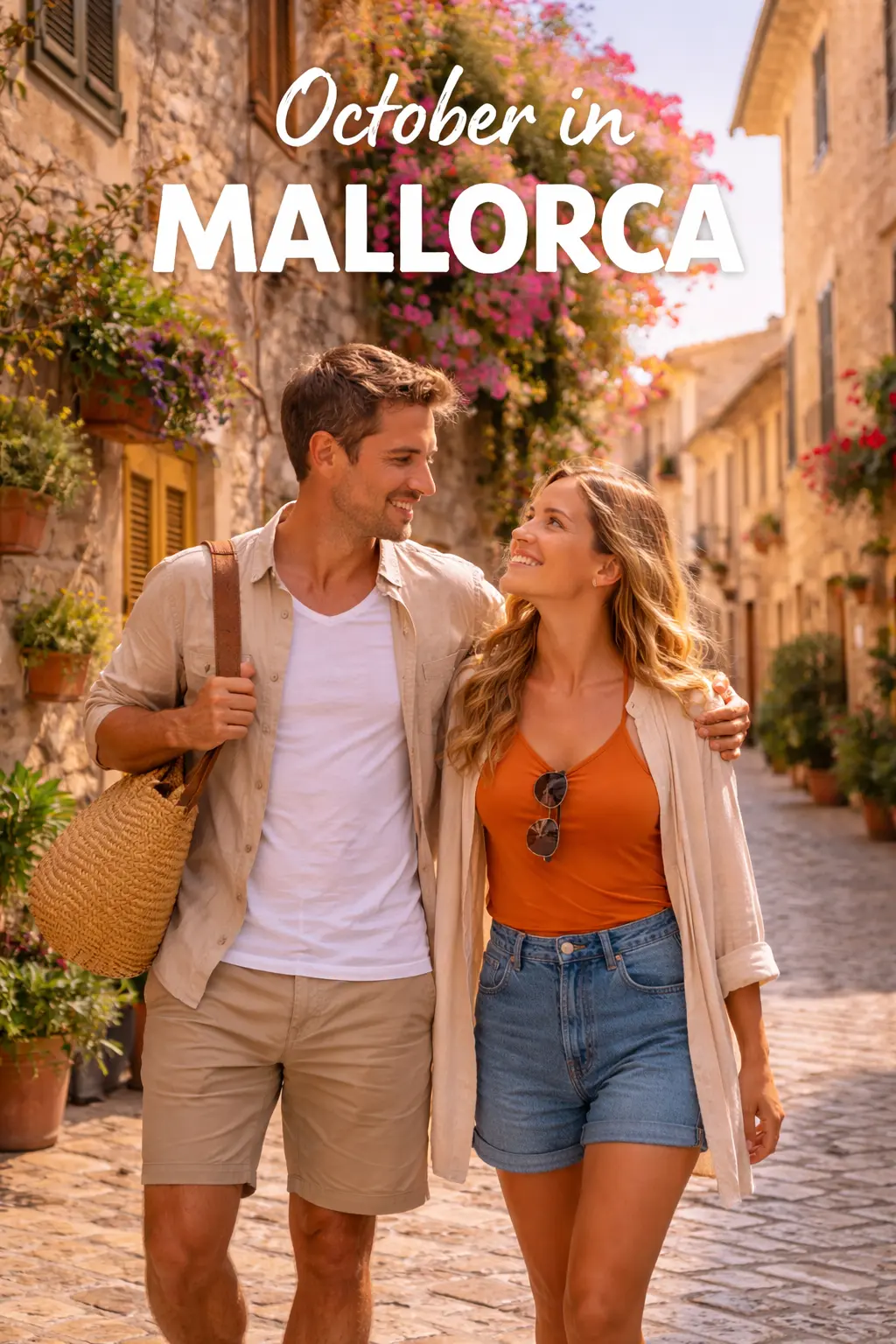 Calvia weather in Mallorca in October. Couple dressed for October in Mallorca.